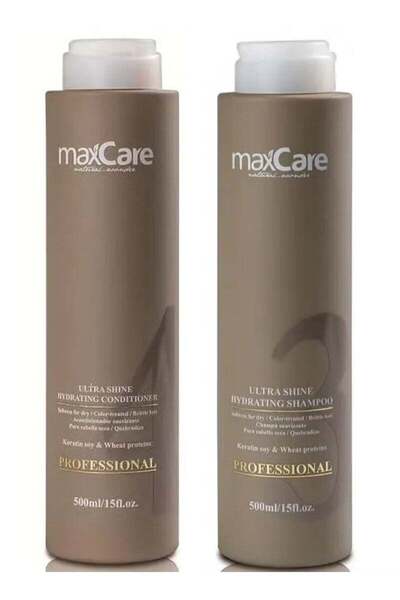 Maxcare شامبو وبلسم الترا شاين بالكرياتين لشعر المعالج بالبروتين والمصبوغ والجاف 500+500 مل تركيبة ايطالية