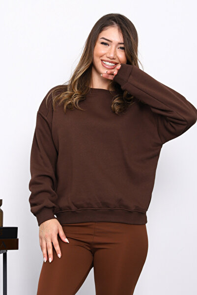 İmajButik Brown Basic Three Thread Sweatshirt with Shoulder Detail