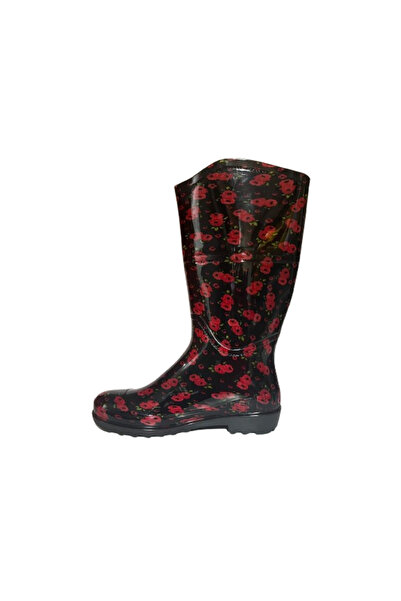 Emek Γυναικείες μπότες βροχής κήπου μήκους 35 εκ. με κόκκινο μαύρο λουλουδάτο σχέδιο EMKK309-210