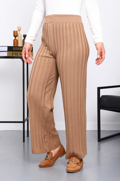 İmajButik Biscuit High Waist Corded Fabric Wide Leg Knitwear Trousers