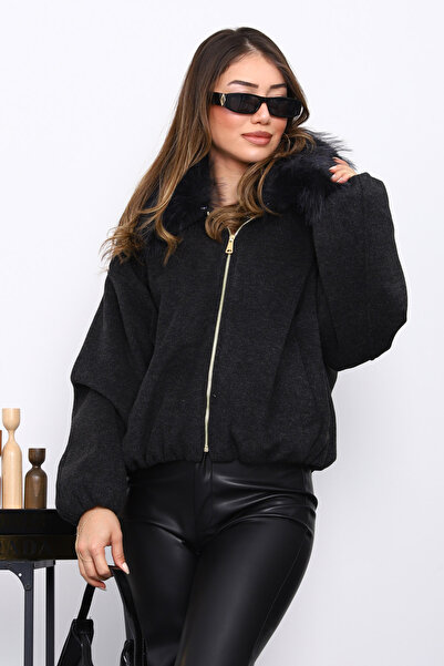 İmajButik Black Collar Fur Oversized Bomber Cashmere Jacket