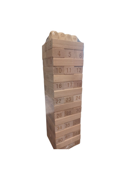 Vision XXI Joc Jenga Cu Numere, 48 Piese De Lemn Numerotate, 4 Zaruri, Turn 24 cm Inaltime, Baza Patrat 6.5 cm