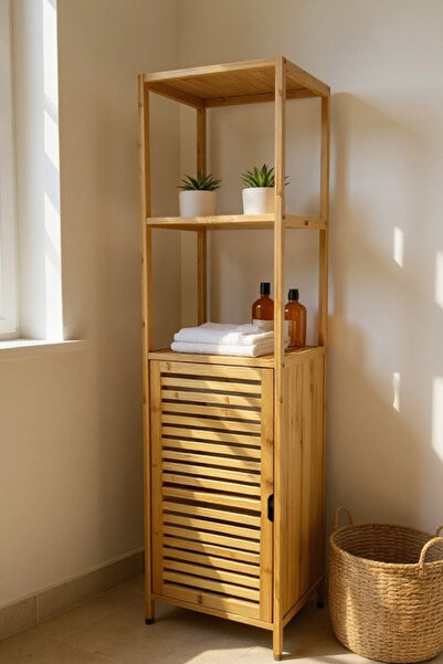 welcomein Bambu Banyo ve Çamaşır Dolabı – Çok Raflı, Kapaklı, Doğal Ahşap Düzenleyici