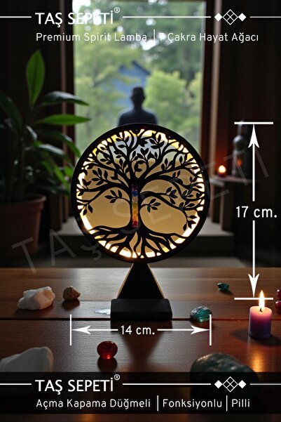 TAŞ SEPETİ 7 Çakra Hayat Ağacı Lamba | Premium Spirituel Serisi | Pilli | Fonksiyonlu Düğme