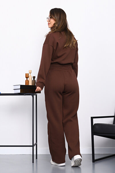 İmajButik Brown Three Thread Sweat Cardigan Trouser Set