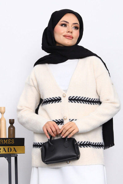 İmajButik Κρεμ ζακέτα με λαιμόκοψη σε σχήμα V Angora Yumoş