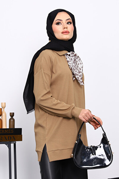 İmajButik Camel Tunic with Scarf Detail on the Collar