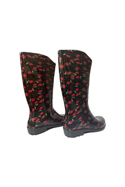 Emek Γυναικείες μπότες βροχής μαύρες-κόκκινες Tulip Garden EMK2036-97