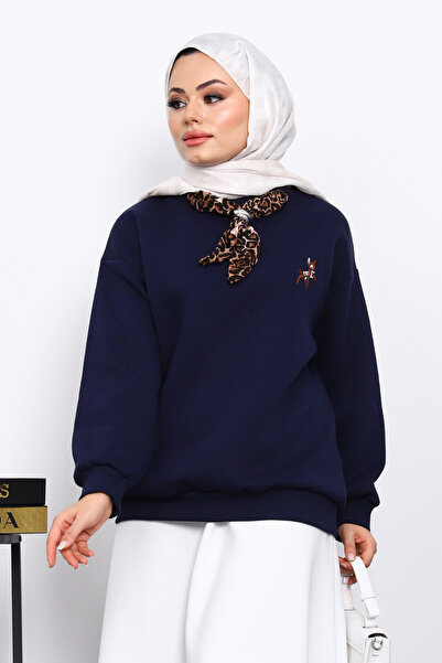 İmajButik Μπλε σκούρο φουλάρι με αξεσουάρ Ceylan, κεντημένο με τρεις κλωστές