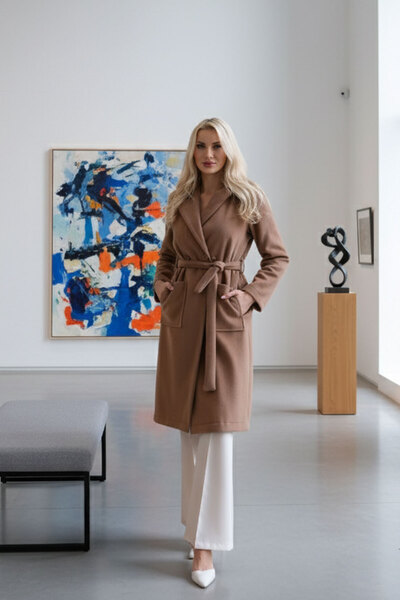 Feminist Çift Cepli Kemer Bağlamalı Kapüşonlu Yün Kaban Camel 0108089