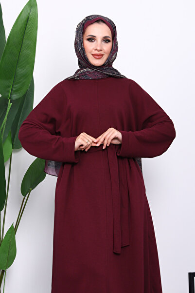 İmajButik Plum Belted Three-Thread Dress