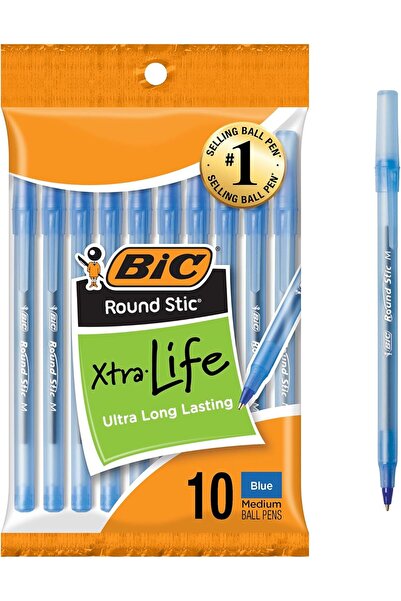Bic Round Stic Extra Life Ballpoint Pen, Medium (1.0 mm), Blue, 10-Pack