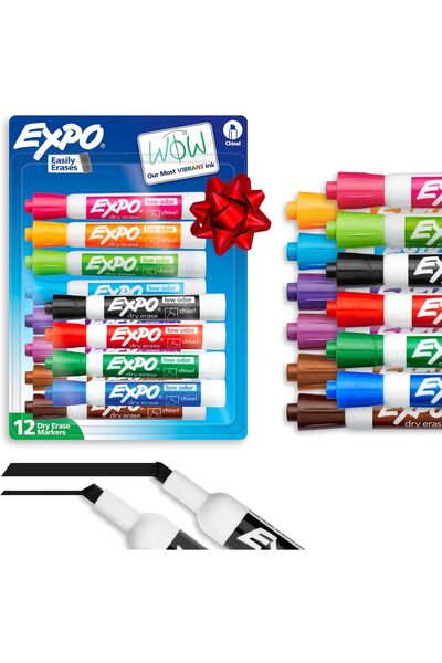 Expo Dry Erase Markers, Low Odor, Quick-Drying, Chisel Tip, Assorted Colors, 12 Count