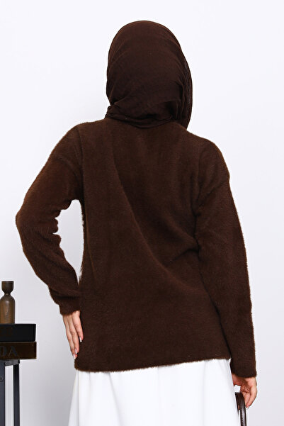 İmajButik Brown V-Neck Angora Soft Cardigan
