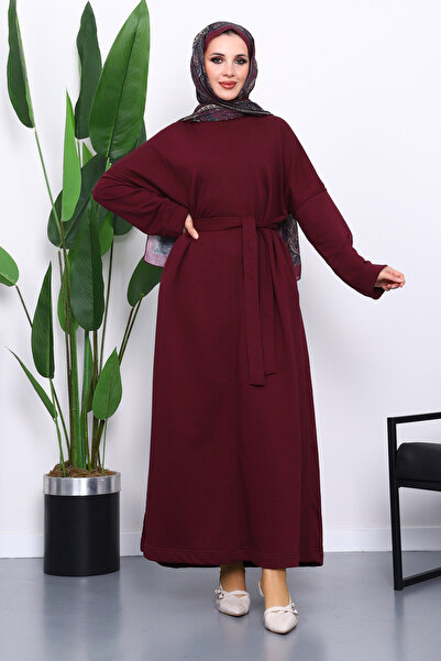 İmajButik Plum Belted Three-Thread Dress