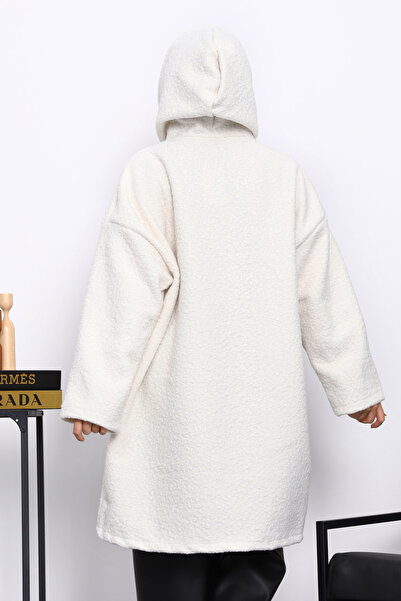 İmajButik Ecru Hooded Boucle Coat with Pocket Detail