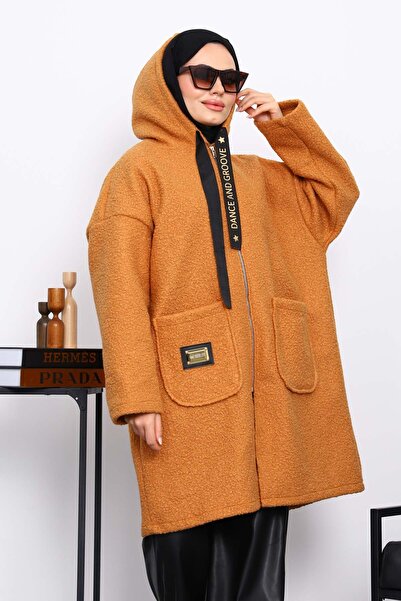 İmajButik Tile Hooded Boucle Coat with Pocket Detail
