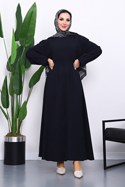 İmajButik Navy Blue Pleated Dress with Tie at the Waist