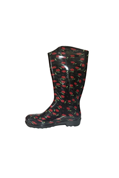 Emek Γυναικείες μπότες βροχής μαύρες-κόκκινες Tulip Garden EMK2036-97