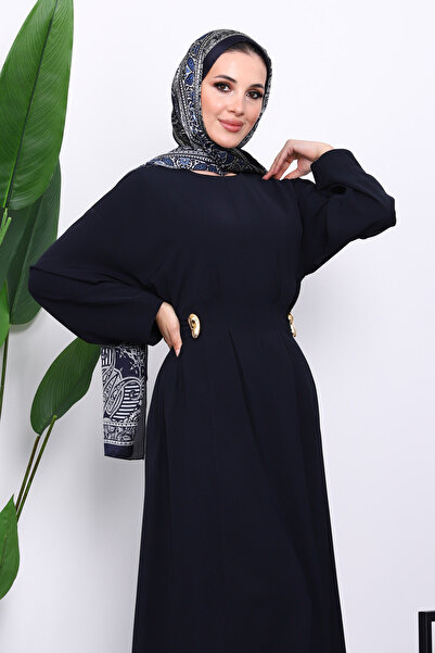 İmajButik Navy Blue Pleated Dress with Tie at the Waist