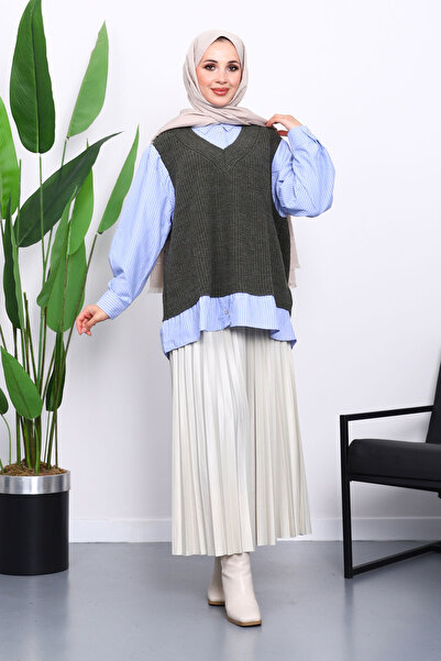 İmajButik Πουκάμισο Χακί Τρικοτόπλεκτο συνδυασμός υφασμάτων