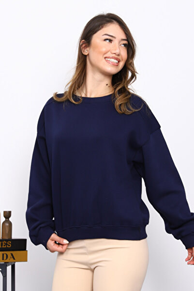 İmajButik Navy Blue Shoulder Detail Basic Three Thread Sweat