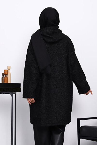İmajButik Black Hooded Boucle Coat with Pocket Detail
