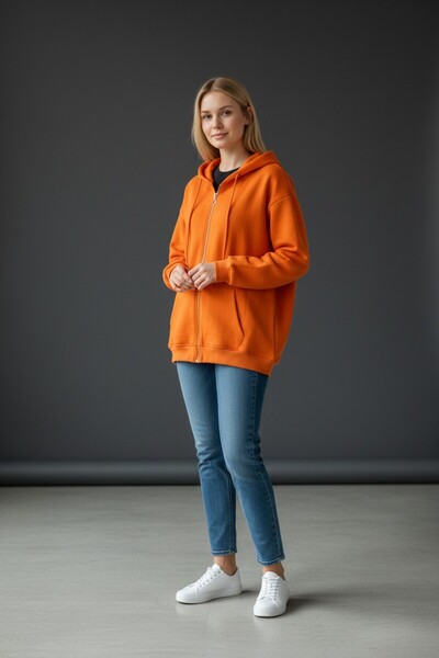 BUSEM Kapşonlu Premium Oversize Fermuarlı İçi Tüylü Hırka Sweatshirt-Turuncu