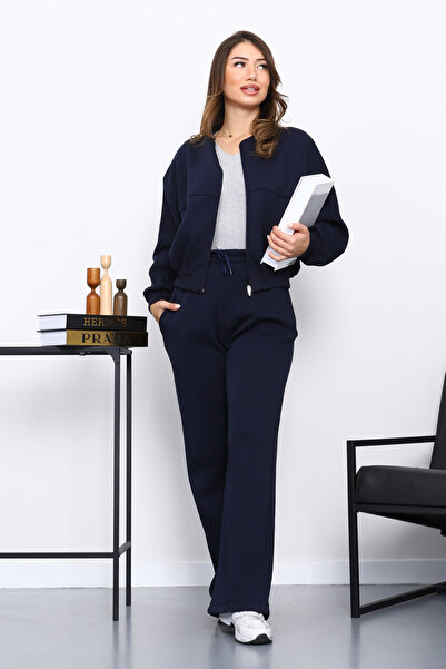 İmajButik Navy Blue Three Thread Sweat Cardigan Trouser Set