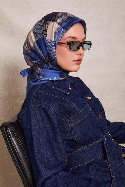 Levidor Cobalt Point Check Print Twill Silk Scarf-0934