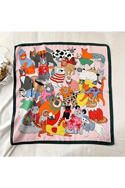 Accessories Hei Dusty Pink Green Cute Cat Patterned Stylish Silk-Look Women's Accessory Scarf Foulard