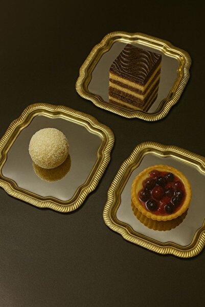 GLORİNDA HOME LÜX 3'LÜ PAPATYA DESENLİ GOLD KENARLI GÜMÜŞ ÇAY,KAHVE,MEYVE SUNUM TEPSİSİ