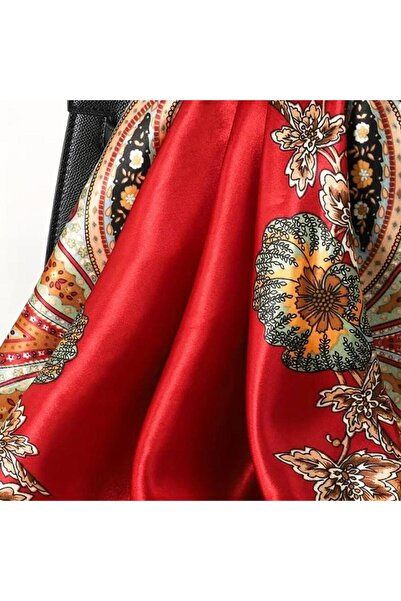 Accessories Hei Red Patterned Stylish Silk-Look Women's Accessory Scarf Foulard 90X90 cm