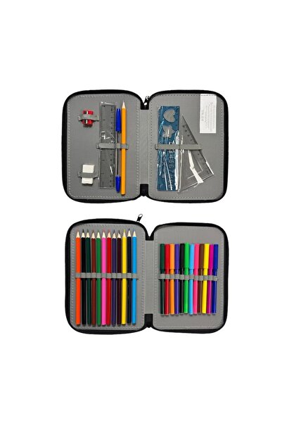 Tessari Double Equipped Pencil Case - Black with Tiger Pattern, 15 x 4 x 20 cm