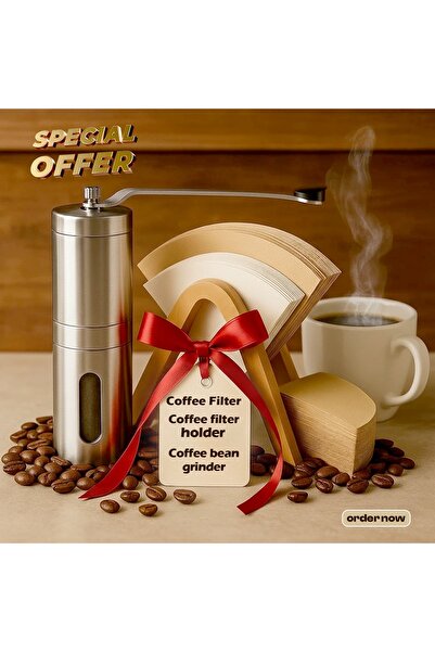 Primo Plus Manual coffee grinder with beige 17.6×7.9×11.6 cm filter holder and 100-piece coffee paper filters.