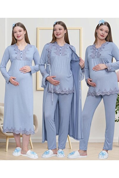 Lohusa Homewear Women's Blue Stylish Design Lace Detailed Long Sleeve Dressing Gown, Nightgown, Pajama Set 4-Piece Set