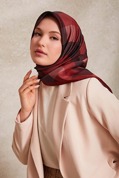Levidor Burgundy Dotted Checkered Print Twill Silk Scarf-0934