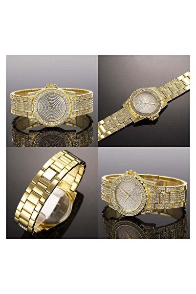 Generic Luxury Ladies Iced Out Quartz Rhinestone Diamond Stainless Steel Wristwatch (Gold)
