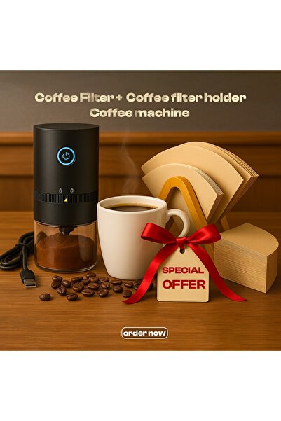 Primo Plus coffee grinder with beige 17.6×7.9×11.6 cm filter holder and 100-piece coffee paper filters.