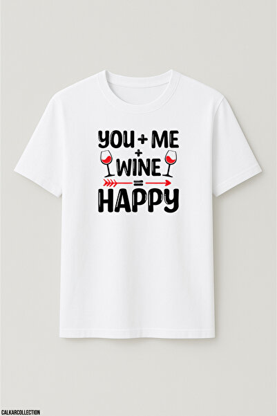 CALKARCOLLECTION تيشيرت للجنسين قصة فضفاضة أنت + أنا + النبيذ = السعادة