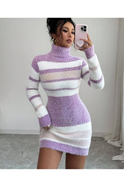 Moda Nova TR Elenzga Kadınlar İçin Vizon Kürk Patchwork Çizgili Balıkçı Yaka Dar Elbise