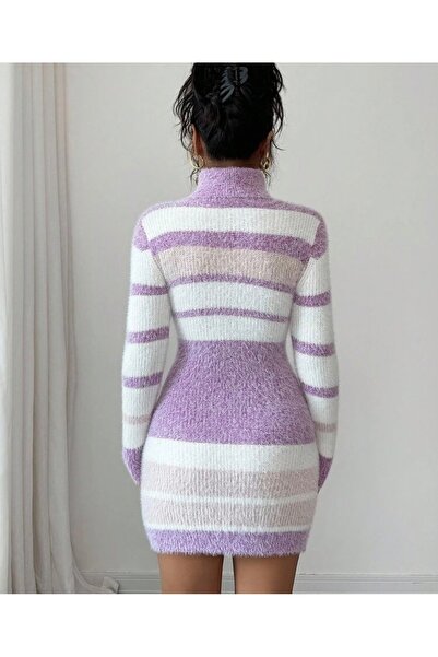 Moda Nova TR Elenzga Kadınlar İçin Vizon Kürk Patchwork Çizgili Balıkçı Yaka Dar Elbise