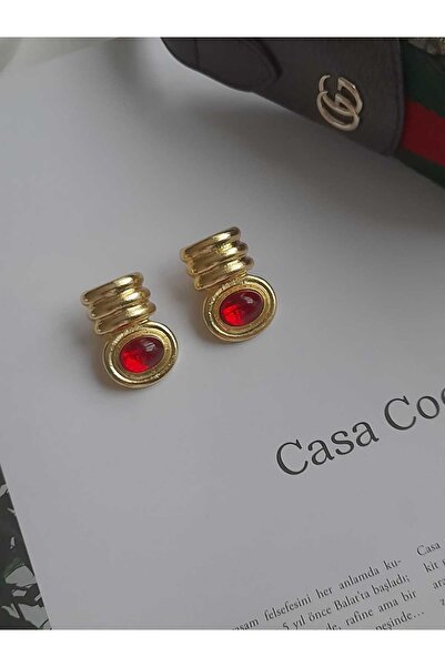 Bubbleatelier أقراط ذهبية عتيقة بتفاصيل حجرية حمراء من الفولاذ