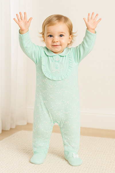 LUMMY BABY بذلة قطنية للفتيات الصغيرات بأكمام طويلة ومزينة بالدانتيل مع أحذية