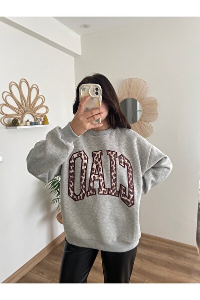 Nihanello Butik Leopar baskılı gri melanj sweatshirt