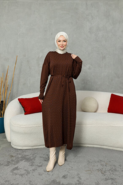 NEW DAĞ Stone Detailed Belted Knitwear Hijab Dress