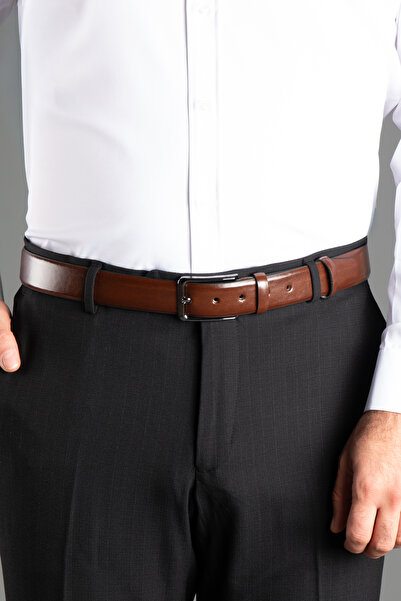 ZEKİ ÖZER Men's Brown Faux Leather Belt 3.5 cm