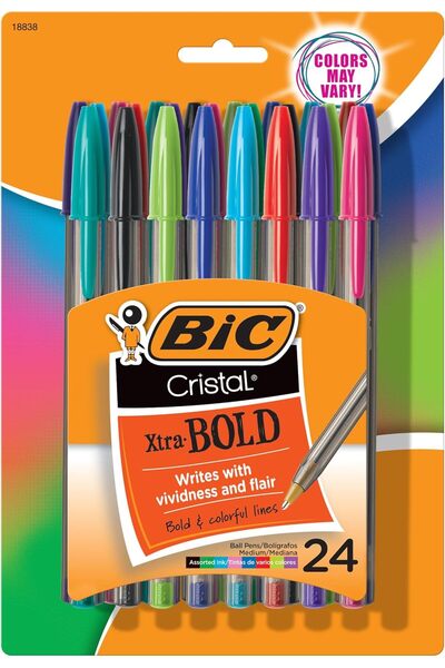 Bic Cristal Extra Bold Fashion Ballpoint Pens, 1.6mm Medium, Assorted Colors, 24 Count