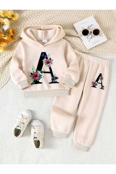 VESTIR BIEN Set de top și pantaloni pentru fete cu imprimeu litera A, bej