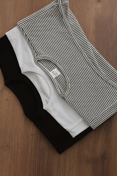 mirach 3-Piece Economical Set Zero Round Neck Collar Sleeves Black Striped White Black Body Flexible Stretch Fabric